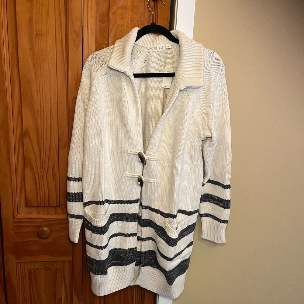 Gap White and Gray Knit Cotton Cardigan with Toggle Buttons
